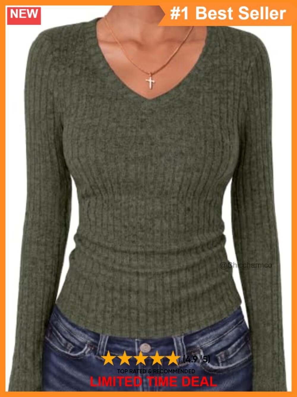 Women Long Sleeve Ribbed Fitted Sweater Top V-Neck Slim Fit Casual
